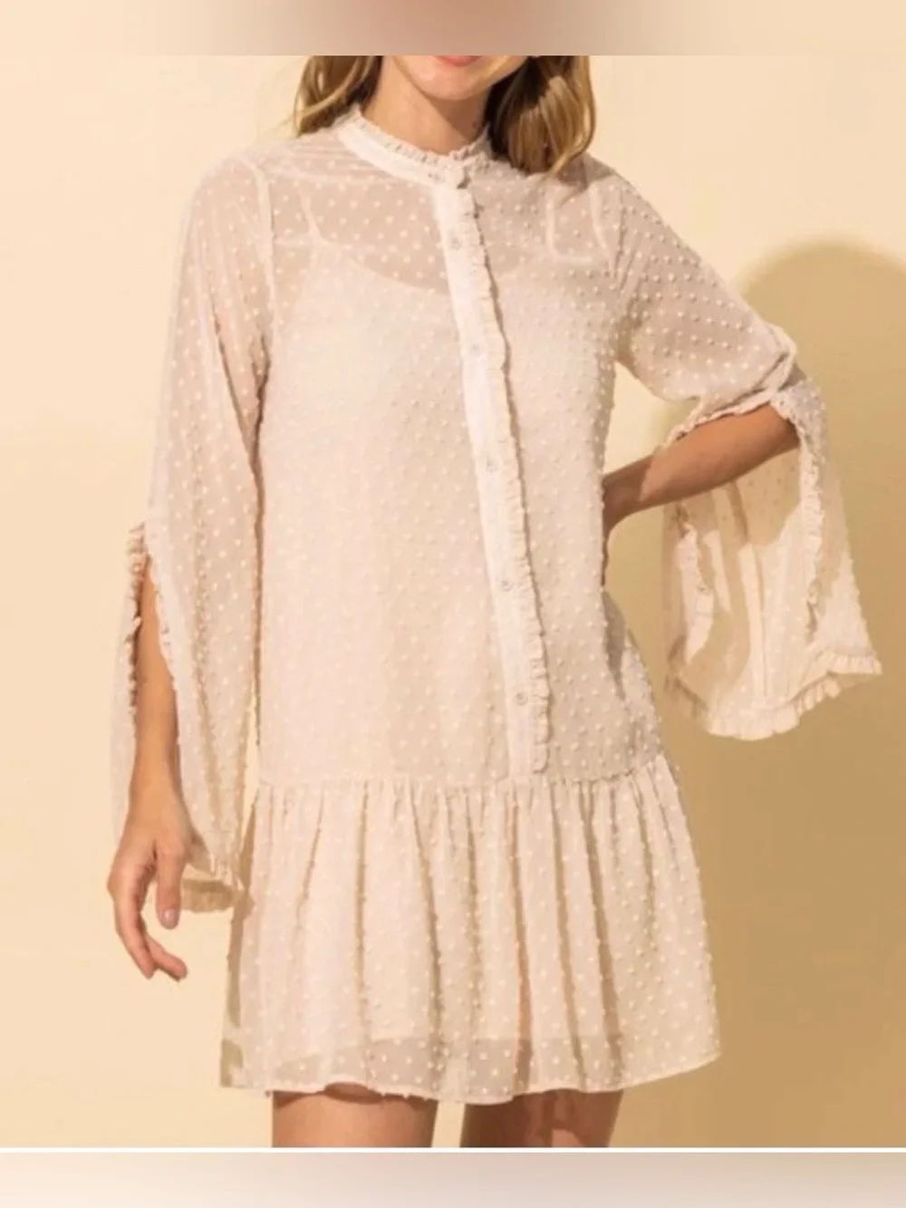 NWT Hyfve Cream Swiss Dot Ruffle Chiffon Mini Dress Boho S